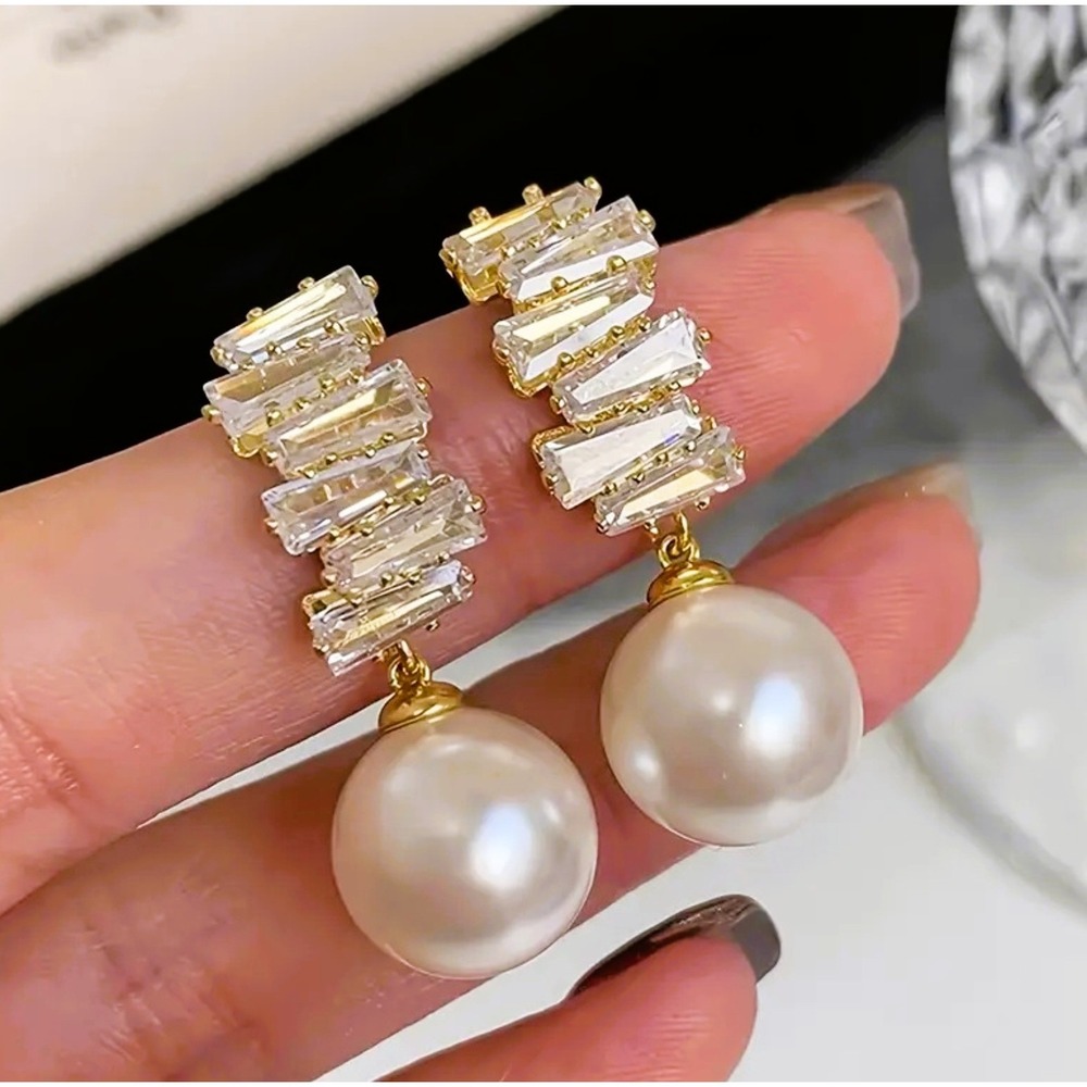 Gold Baguette‎ Crystal Pearl Drop Earrings Bridal Wedding Dangle Statement